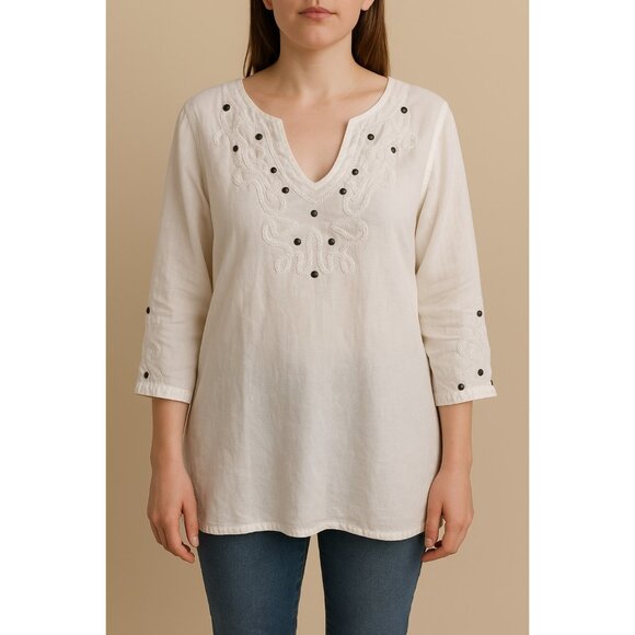 Edward Woman Irish Linen Embroidered Top 2X White Tunic Blouse – Boho Peasant St - Picture 8 of 8